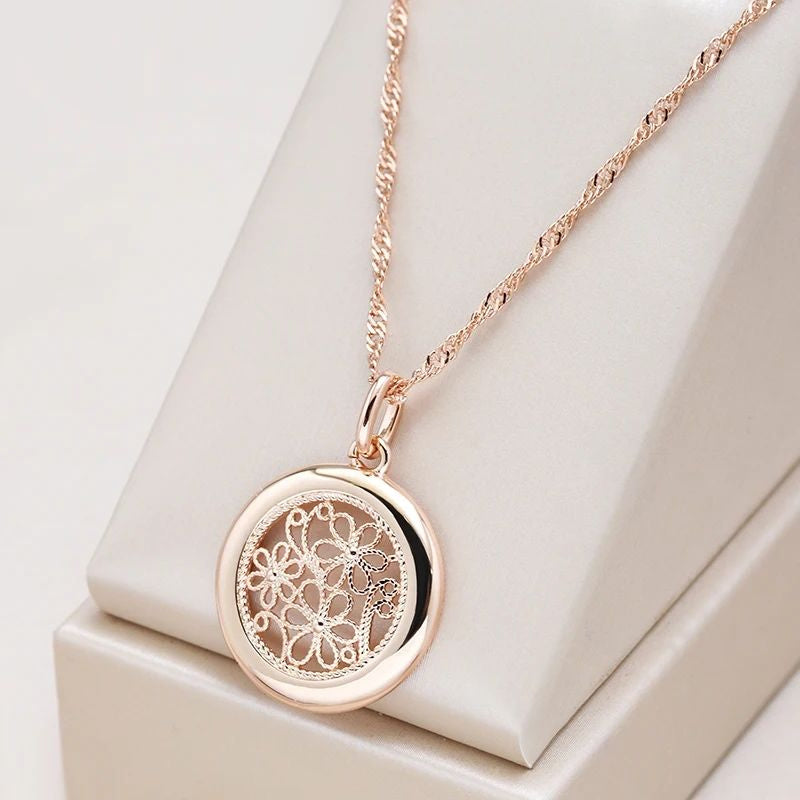 Retro Elegant Round Hollow Flower Pendant 585 Rose Gold Plated Necklace