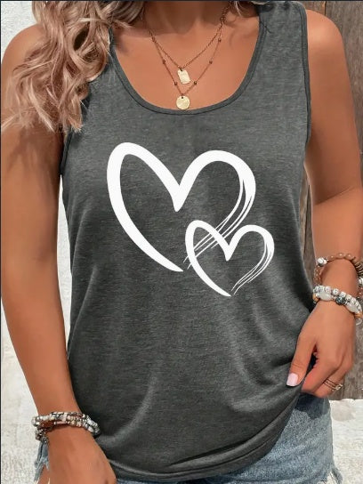 Tanktop met ronde hals en hartjesprint, casual mouwloos tanktopje voor de zomer, dameskleding
