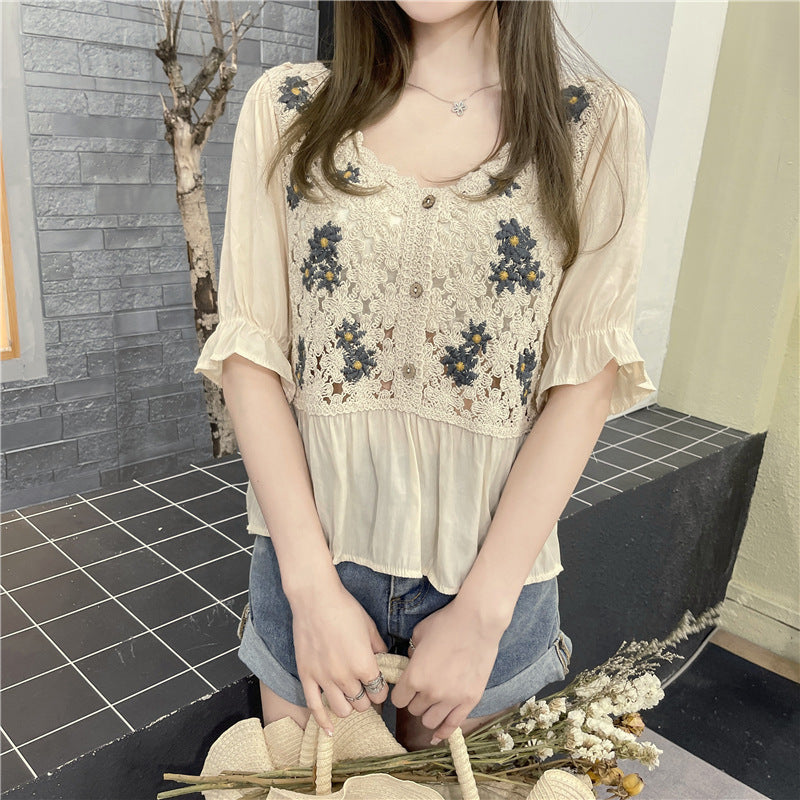 Summer New Style French Chiffon Shirt Crochet Embroidery Knitting Hollow Short Sleeves