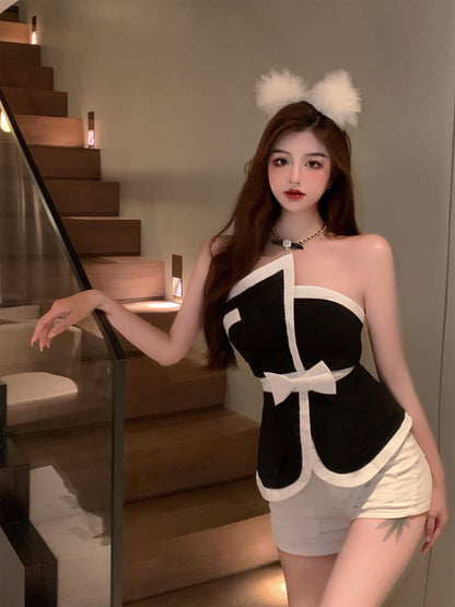 Women''S Summer Short Black Top With Bow Wrap Around Chest