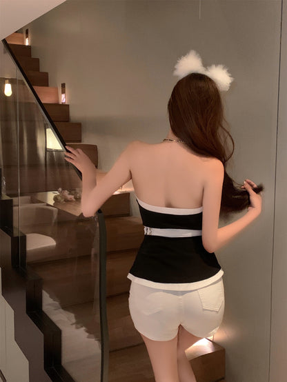 Women''S Summer Short Black Top With Bow Wrap Around Chest