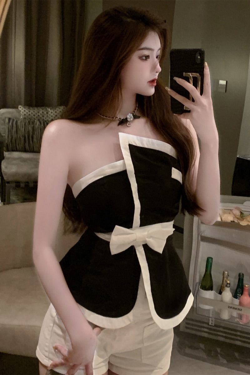 Women''S Summer Short Black Top With Bow Wrap Around Chest