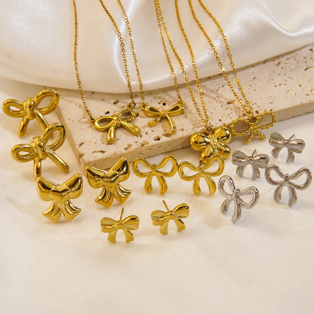 Bow Stainless Steel 14K Gold Earrings Necklace