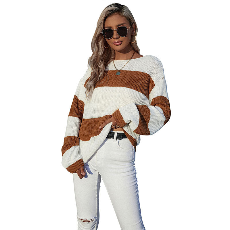 Women's Loose Crew Neck Colorblock Sweater