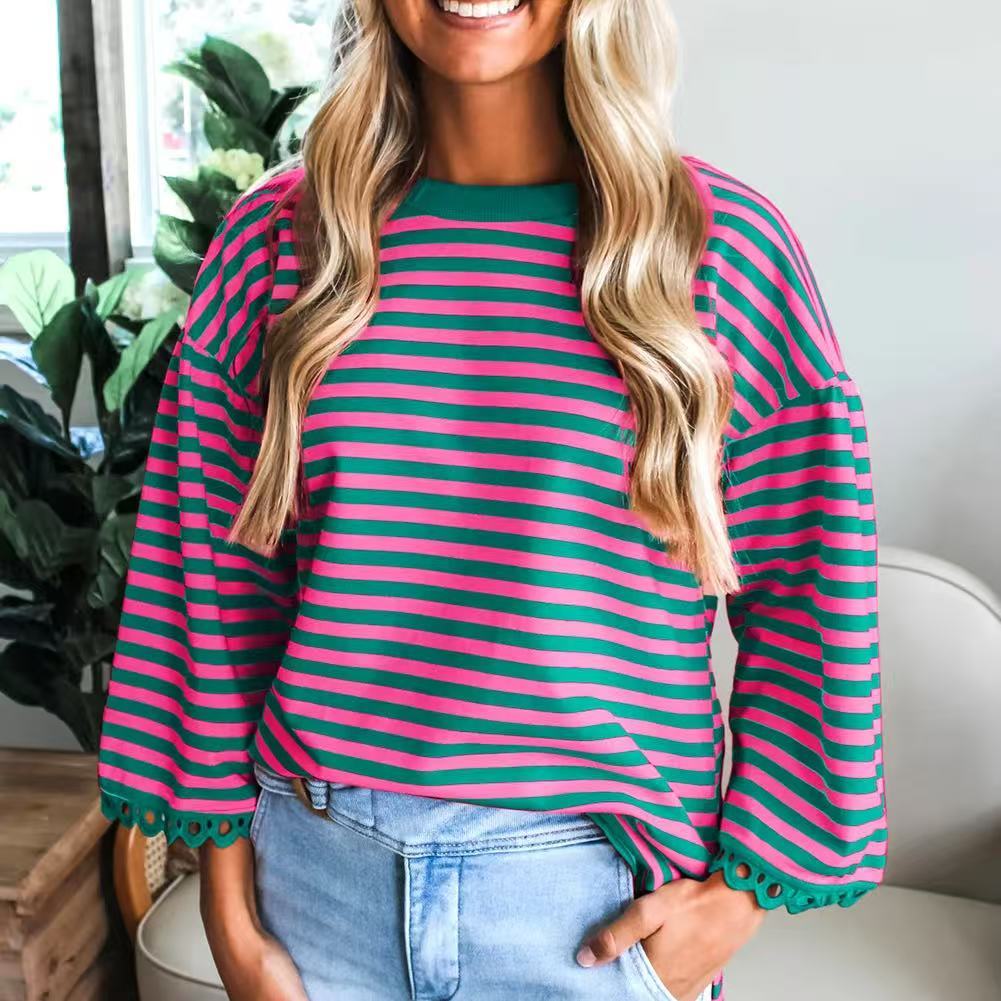 Fashion Striped Crew Neck Long Sleeves Women