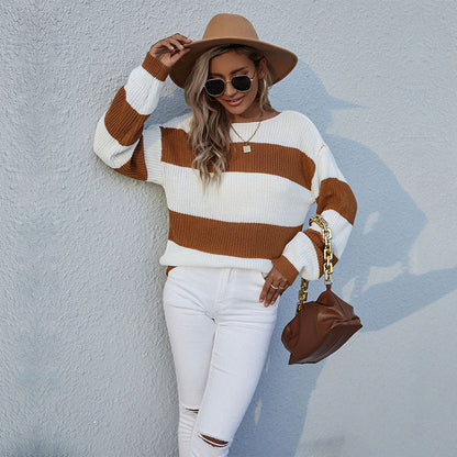 Women's Loose Crew Neck Colorblock Sweater