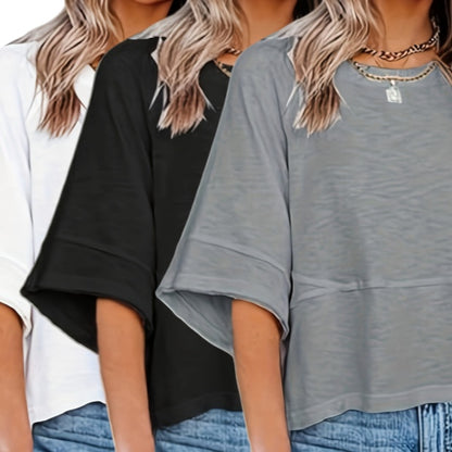 Women's Clothing Solid Color Crew Neck Loose Basic T-shirt 3PCS