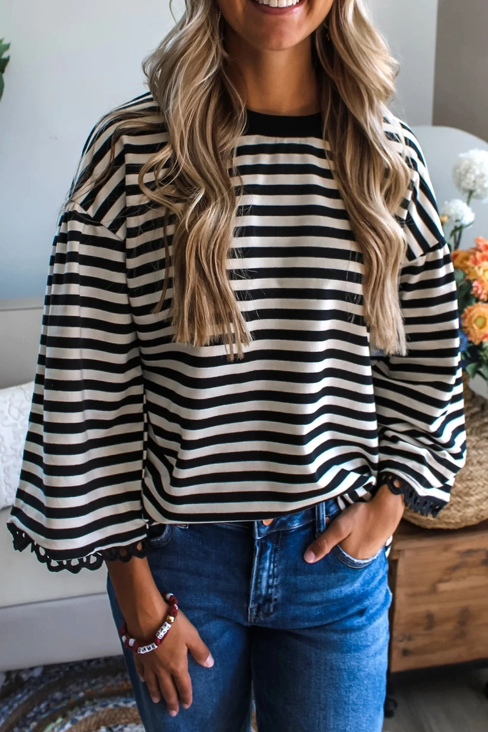 Fashion Striped Crew Neck Long Sleeves Women